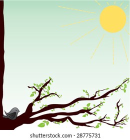 Spring tree with sleepy bird