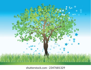 Spring tree surrounded by birds and butterflies and stars
