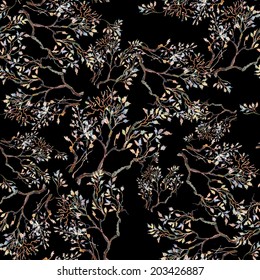 Spring tree twigs seamless pattern on black background vector