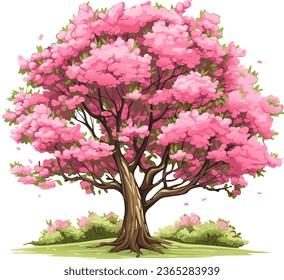 Spring tree vector nature illustration, blossom Japanese sakura, wooden trunk, pink crown. Isolated summer season park cartoon floral icon. Bloom sakura, cherry tree garden environment logo landscape