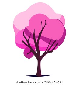 Spring tree vector nature illustration, cheery blossom , wooden trunk, pink crown.