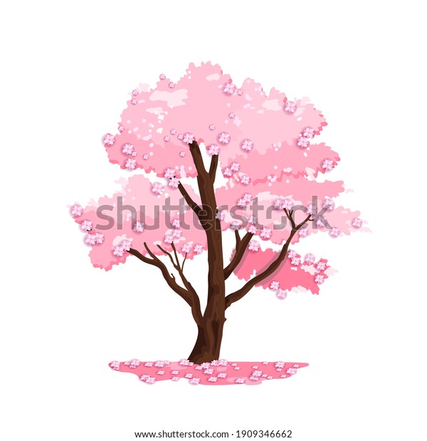 Spring tree vector nature illustration, blossom\
Japanese sakura, wooden trunk, pink crown. Isolated summer season\
park cartoon floral icon. Bloom sakura, cherry tree garden\
environment logo\
landscape