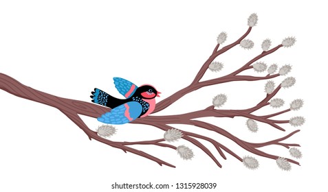 Spring tree, willow branch with buds. The bird flapped its wings, sitting on a branch.