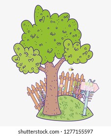 spring tree with wood grillage and emblem