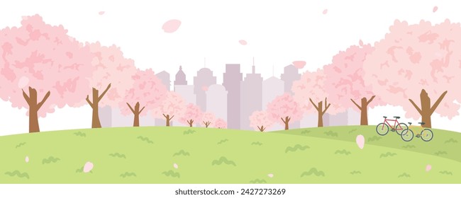 Spring tree-lined street with cherry blossoms blooming.
landscape vector illustration. 