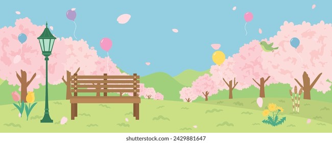 Spring tree-lined street with cherry blossoms blooming.
landscape vector illustration. 