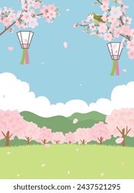 Spring tree-lined street with cherry blossoms blooming.
Decorated cherry blossom viewing lanterns.
landscape vector illustration. 