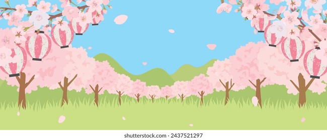 Spring tree-lined street with cherry blossoms blooming.
Decorated cherry blossom viewing lanterns.
landscape vector illustration. 