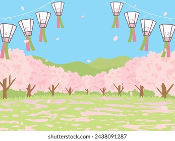 Calle de primavera bordeada de árboles con flores de cerezo floreciendo.
Linternas de visión de flores de cerezo decoradas.
ilustración vectorial de paisaje. 