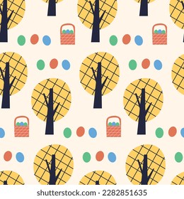 Spring trees with a basket of Easter eggs pattern. Spring seamless background for print, textile, wrapping paper, fabric. Flat surface design