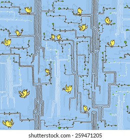 Spring trees with birds and buds. Can be used as a background image for websites, textiles, cards. Seamless pattern.