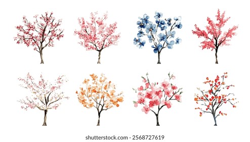 Spring trees in bloom, each with unique blossoms and seasonal tones. Watercolor style illustration, spring blooming trees collection in vibrant reds, pinks, oranges, blues, and soft pastels.