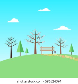 Spring trees with different flowers and blossoming leaves on a hill with a bench and a path against the blue sky with clouds. Flat vector illustration.