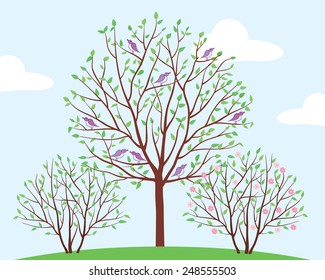 Spring trees with flowers and birds on a background of blue sky with white clouds. Vector illustration.
