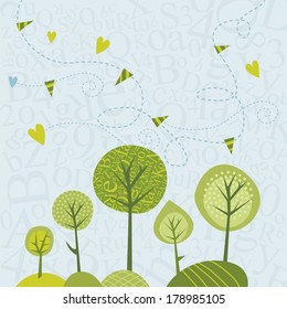 Spring trees illustration on letters abstract background