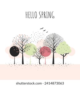 Spring trees minimalist style. Fairy trees. Scandinavian trees composition. Cartoon fantasy frame. Hello spring card.