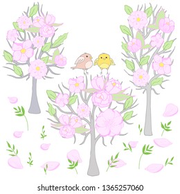 Spring trees with pink flowers, flower petals and birdies