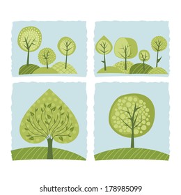 Spring trees seasonal set with blue background