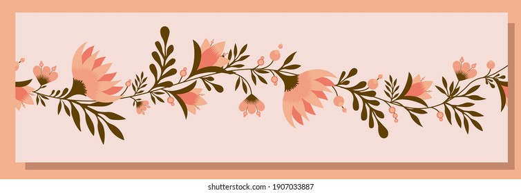 Spring trend pattern. Seamless border for printing on fabric and textile design. Fashionable print for paper in ethnic style. Vector illustration. Pink color. Ukraine