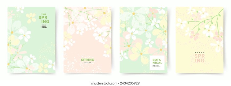 Spring trendy backgrounds with blooming branches and pink flowers. Cute abstract pastel vector templates for poster, invitation, card, flyer, cover, banner, brochure, social media, sale, advertising