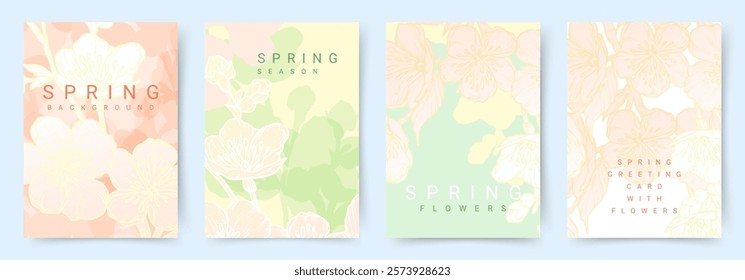 Spring trendy backgrounds with blooming branches and pink flowers. Cute abstract pastel vector templates for poster, invitation, card, flyer, cover, banner, brochure, social media, sale, advertising