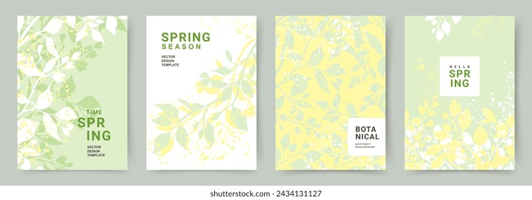 Spring trendy backgrounds with green fresh leaves. Abstract vector templates for poster, invitation, card, flyer, cover, banner, brochure, social media, sale, advertising