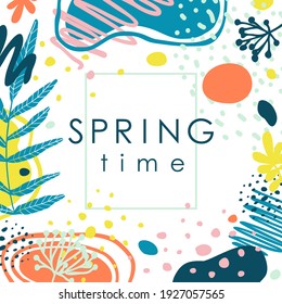 Spring. Trendy flowers abstract art template. Suitable for social media posts, mobile apps, banners design. Vector fashion backgrounds. Leaves and plants. Spring holidays. Sale