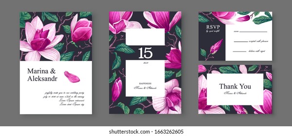 Spring, trendy, greeting or invitation card, template design with pink magnolia. Large flowers, branches, petals and leaves in realistic style with high details. Collection of Save the Date and RSVP 