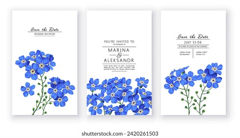 Spring, trendy, greeting or invitation card, template design with forget-me-not flowers in realistic style with high detail. Hand drawn, vector poster, card, cover, party, or social media template