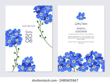 Spring, trendy, greeting or invitation card, template design with forget-me-not flowers in realistic style with high detail. Hand drawn, vector poster, card, cover, party, or social media template