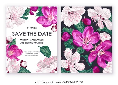 Plantilla de diseño de primavera, moda, saludo o invitación con flores de albaricoque o cerezo y manzano. flores rosas y blancas en estilo realista con alto detalle. Conjunto de póster, postal, folleto