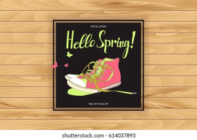 Spring trendy sports shoes on wooden background. Sale of sneakers. Vector illustration