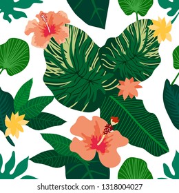 Spring tropical rainforest. Seamless vector pattern with palm leaves and other plants. Aloha textile collection. On white background.