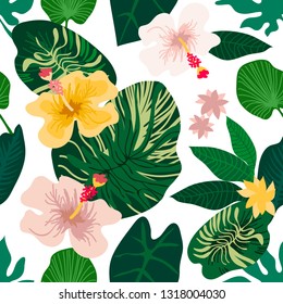 Spring tropical rainforest. Seamless vector pattern with palm leaves and other plants. Aloha textile collection. On white background.