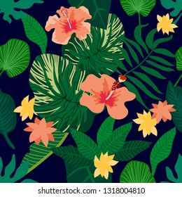 Spring tropical rainforest. Seamless vector pattern with palm leaves and other plants. Aloha textile collection.  On dark background.