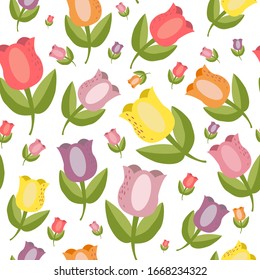 Spring tulip colorful seamless pattern on white background. Endless texture. Nice for wallpaper, wrapping paper, posrcard, textile print