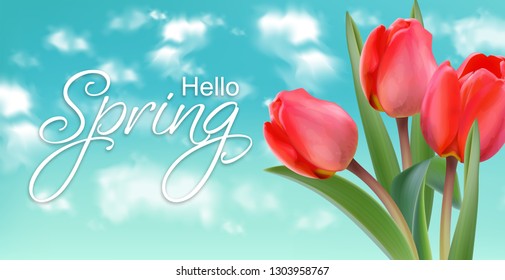 Spring tulip flowers on sky background Vector realistic banner templates