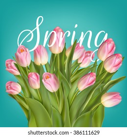 Spring Tulip Flowers over white. Tulips bunch. Pink tulips. EPS 10 vector file included