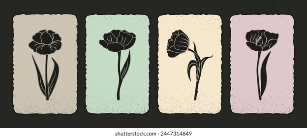 Spring tulip flowers in printmaking style. Lino print can be used as a stamp on fabric, wall art, postcard, poster. Hand drawn vector illustration.