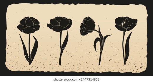 Spring tulip flowers in printmaking style. Lino print can be used as a stamp on fabric, wall art, postcard, poster. Hand drawn vector illustration.