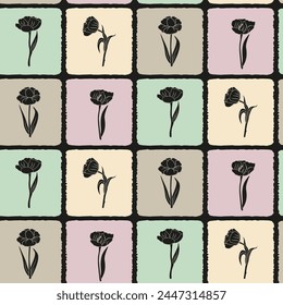 Spring tulip flowers in printmaking style. Hand drawn vector seamless pattern. Lino print can be used as a stamp on fabric, wall art, postcard, poster. 