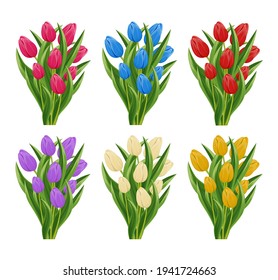Spring tulip flowery bouquet set isolated on white