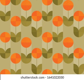 spring tulip in modern geometry style. floral seamless pattern for background, wrap, fabric, textile, wrap, surface, web and print design.  nostalgic vintage 60s vibes and colors repeatable motif 