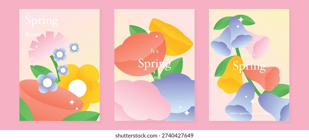 Spring tulip and poppy flowers vector poster illustration with pink orange lilac colors. Modern decorative design for greeting cards, wall art, covers, and seasonal templates.