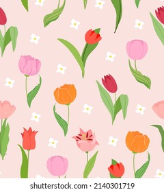 Spring tulip seamless vector pattern for for packaging, wallpaper, cover, poster, template, and more. Spring Abstract colorful background. Flat style illustration