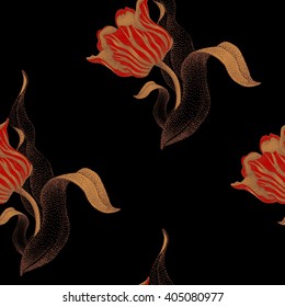 Spring tulip. Vector seamless floral pattern. Illustration - template luxury packaging design, textiles, paper. Gold branches, leaves, flowers on black background.