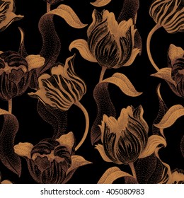 Spring tulip. Vector seamless floral pattern. Illustration - template luxury packaging design, textiles, paper. Gold branches, leaves, flowers on black background.