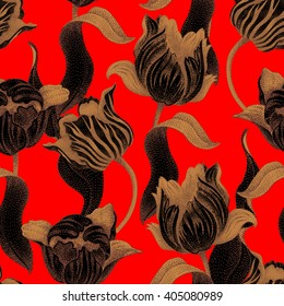 Spring tulip. Vector seamless floral pattern. Illustration - template luxury packaging design, textiles, paper. Gold branches, leaves, flowers on red background.