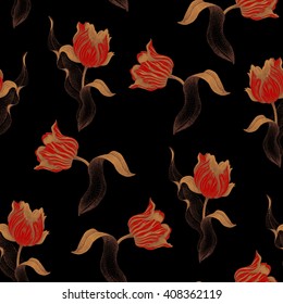Spring tulip. Vector seamless floral pattern. Illustration - template luxury packaging design, textiles, paper. Gold branches, leaves, flowers on black background.