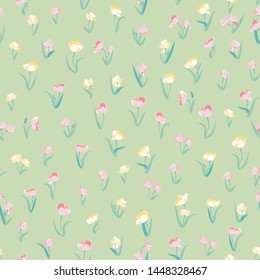 Spring tulips background. Seamless floral pattern. Small flowers print. Liberty style millefleurs. 2020 trendy colors